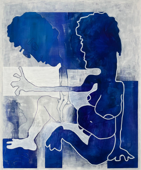 Abstrakte Figuren in Blau – Gemälde „Endlich und der Faktor π“ von Elisa Zelmer, Mixed Media auf Leinwand.