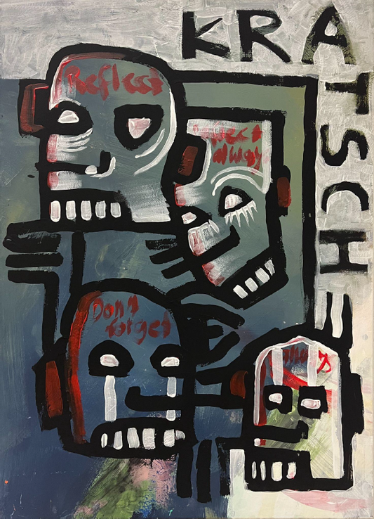 Abstraktes, expressiv gemaltes Bild mit vier maskenhaften Köpfen in Schwarz, Weiß und Rot; handschriftliche Wörter wie „Reflect“, „Don’t forget“ und „check anyway“ auf dunklem Hintergrund, Mixed Media Werk von Elisa Zelmer.